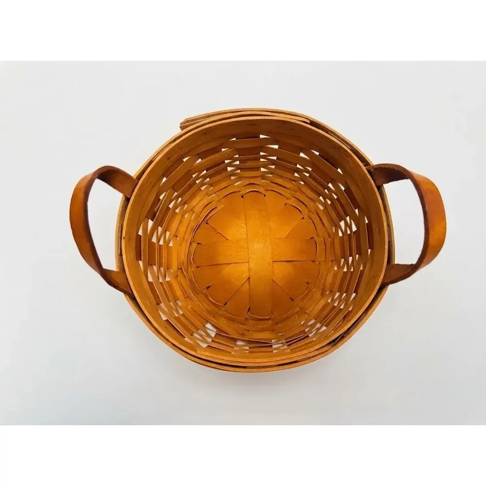 Vintage 1994 Longaberger Handwoven Round Basket - Leather Handles & Fabric Liner